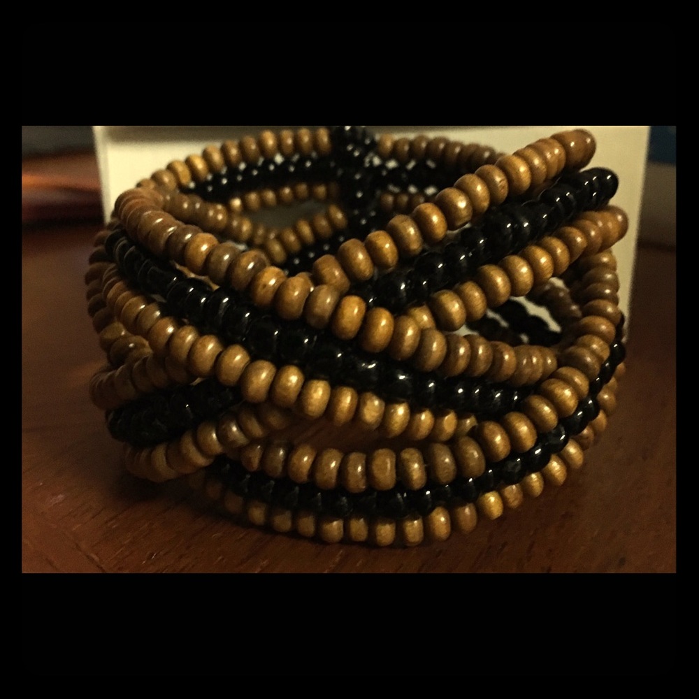 Beaded cuff bracelet, black & wood. Never worn!
